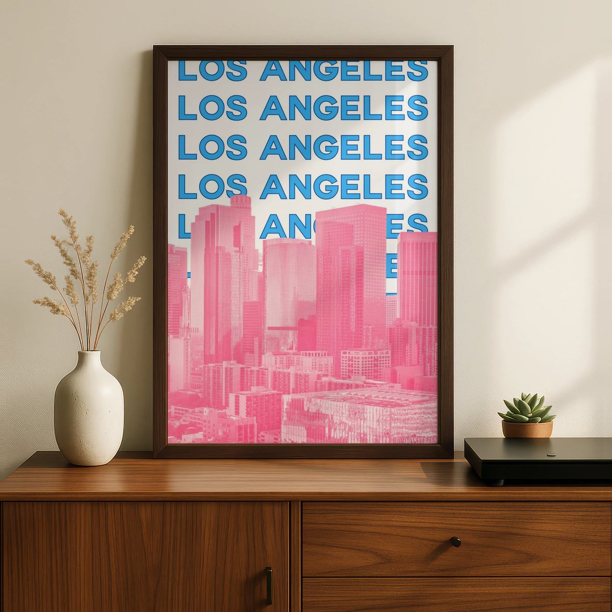 Los Angeles Travel Poster, Retro LA City Wall Art, Pink Blue Skyline Print, California