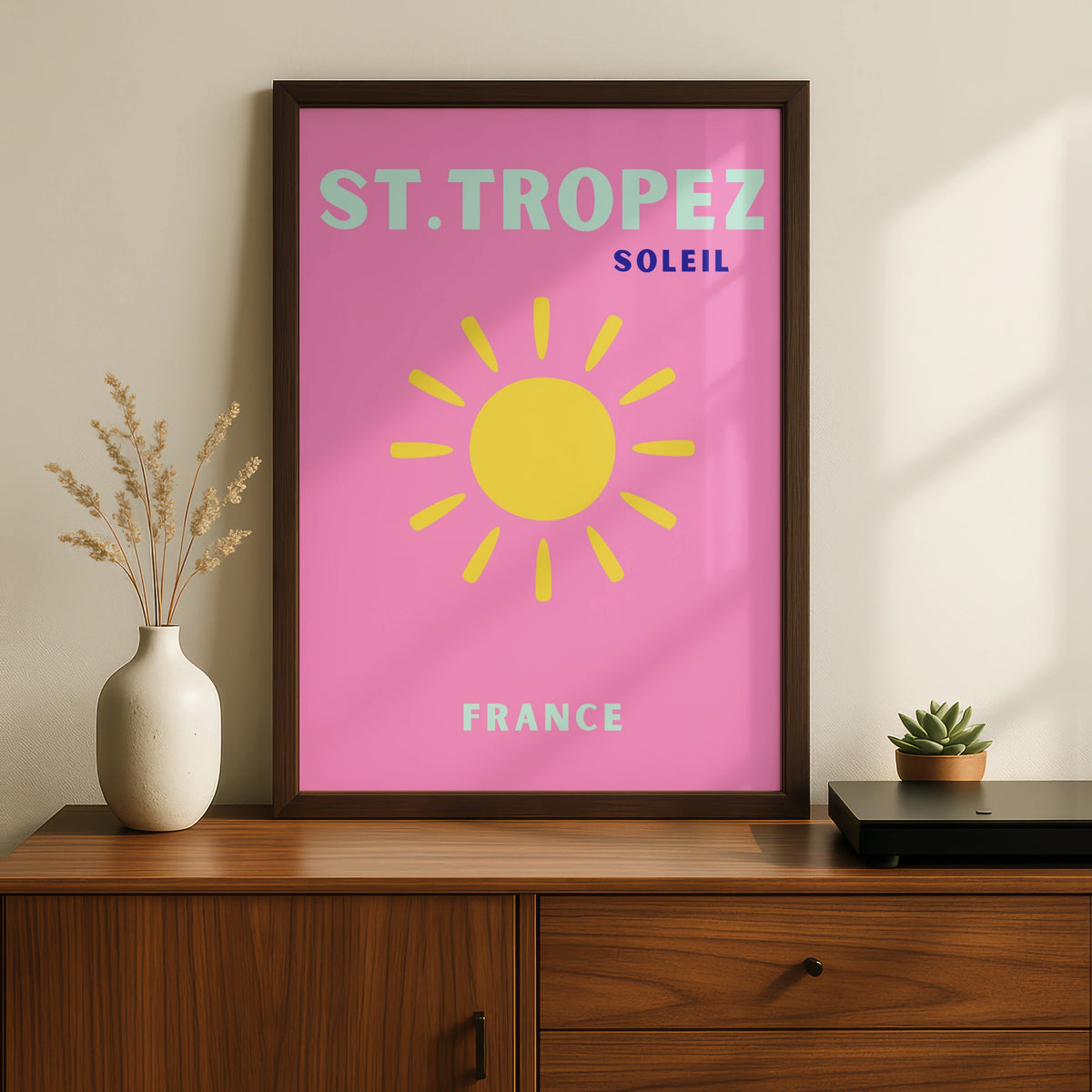 St Tropez Travel Poster, France Wall Art, Retro Sun Print, Pink French Riviera Decor