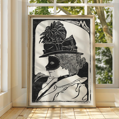 Halloween Masquerade Mask Poster, Black White Woodcut Wall Art, Vintage Witch Print