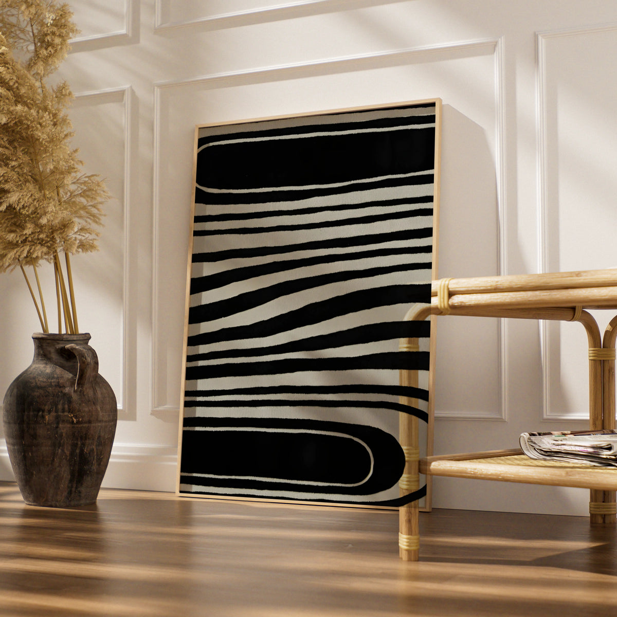 Monochrome Wave Lines Abstract Print, Black White Poster, Modern Minimalist Wall Art
