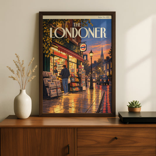 The Londoner Poster, London Street Wall Art, Corner Shop at Dusk, Vintage Magazine Cover Art Print