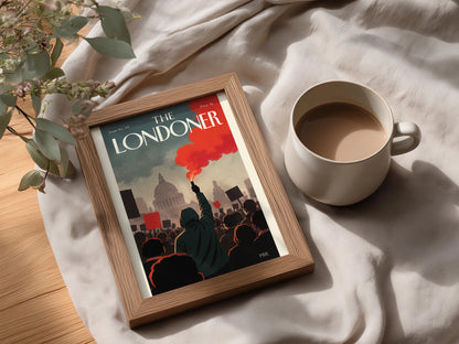 The Londoner Magazine Cover Poster, London Protest Wall Art, Vintage Style Red Smoke Art Print
