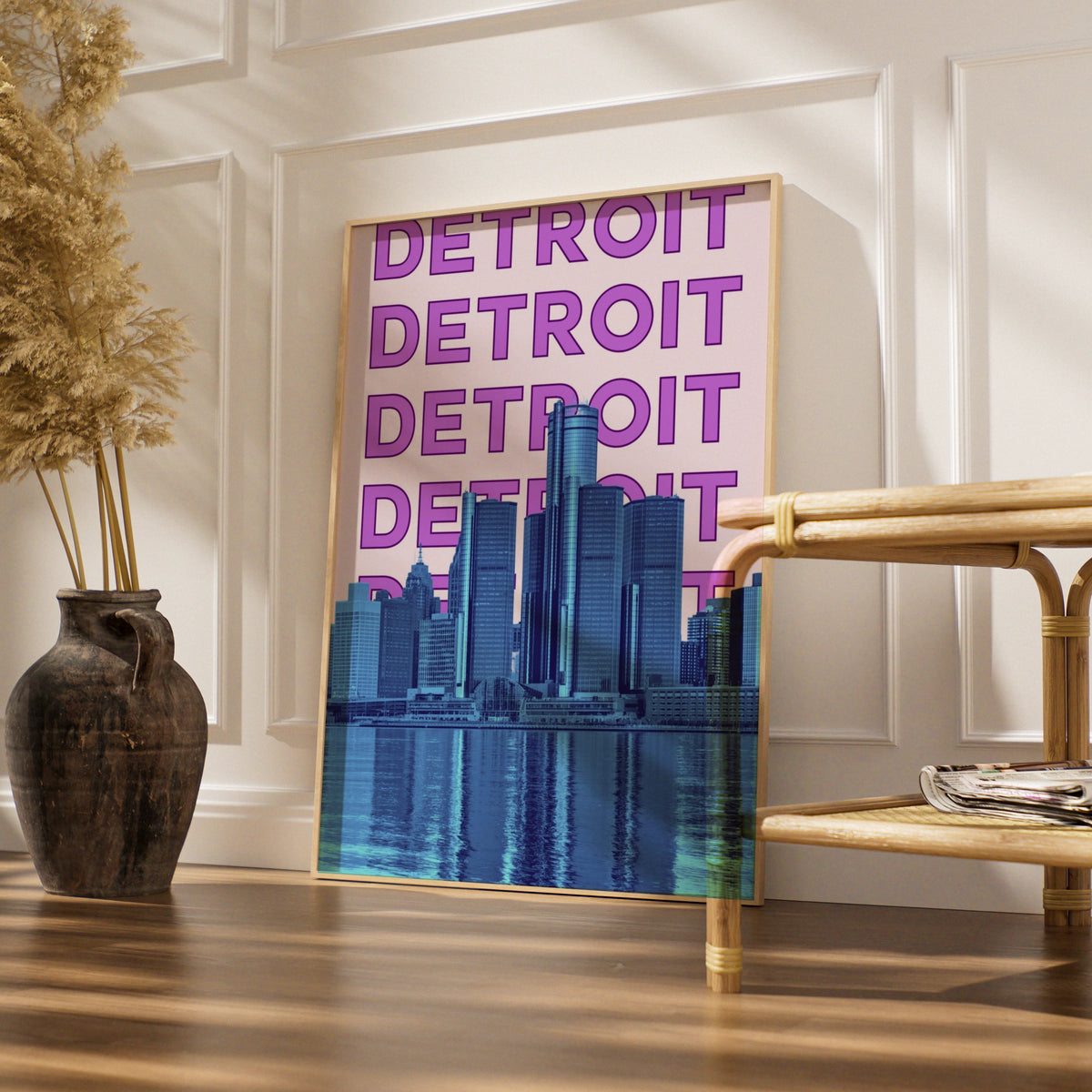 Detroit Travel Poster, Michigan City Skyline Wall Art, Retro Purple Blue Print