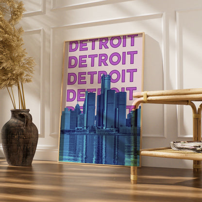 Detroit Travel Poster, Michigan City Skyline Wall Art, Retro Purple Blue Print