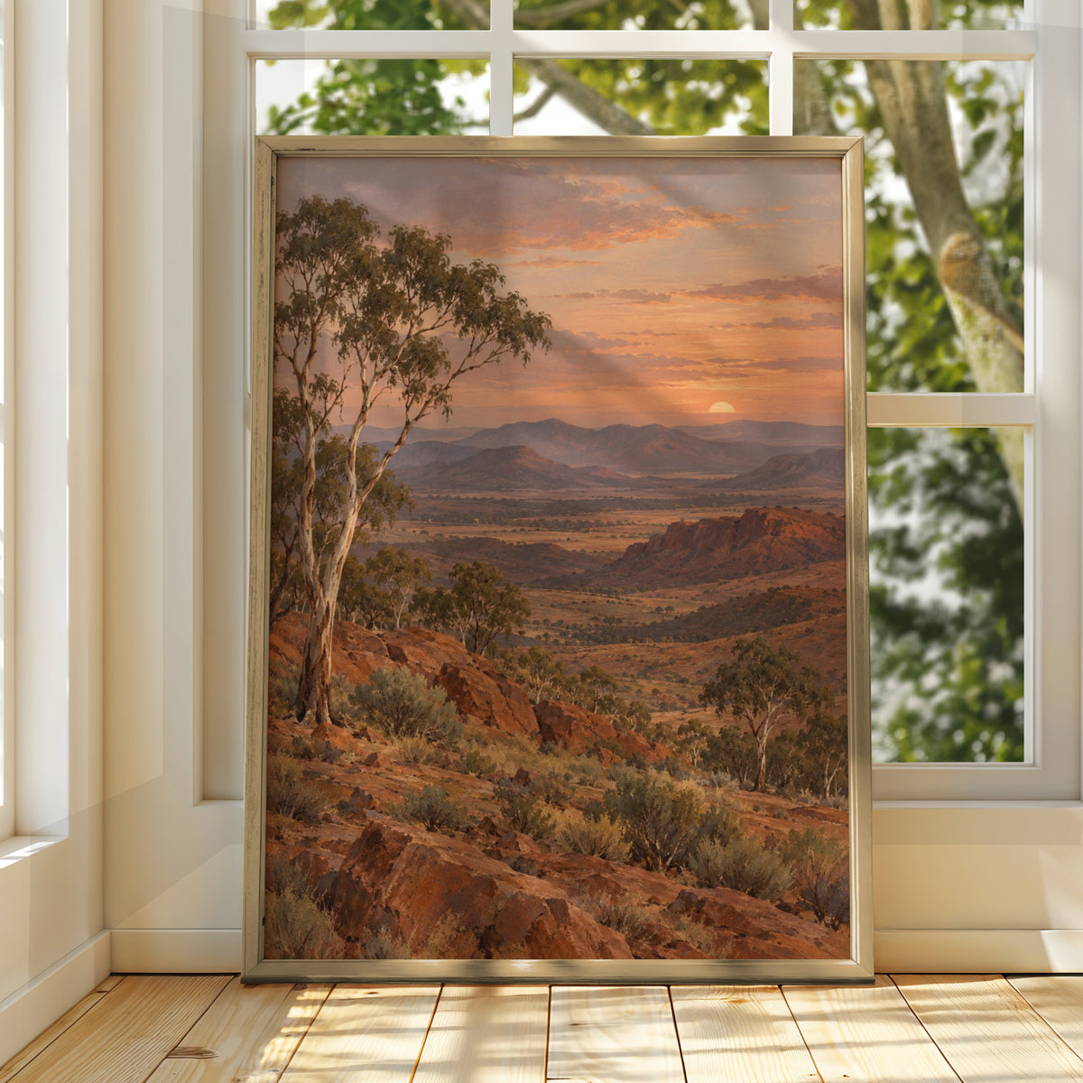 Australian Outback Sunset Print, Red Earth Landscape, Eucalyptus Wall Art, Painted Style