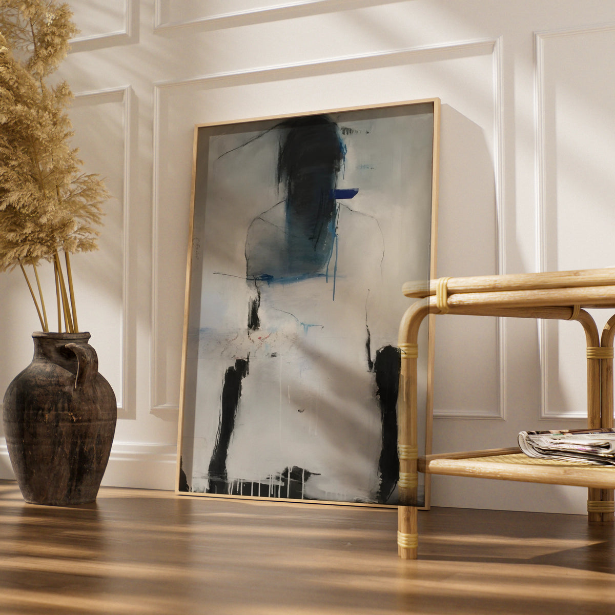 Abstract Figure Print, Monochrome Wall Art, Black White Blue Contemporary Poster, Modern Gallery