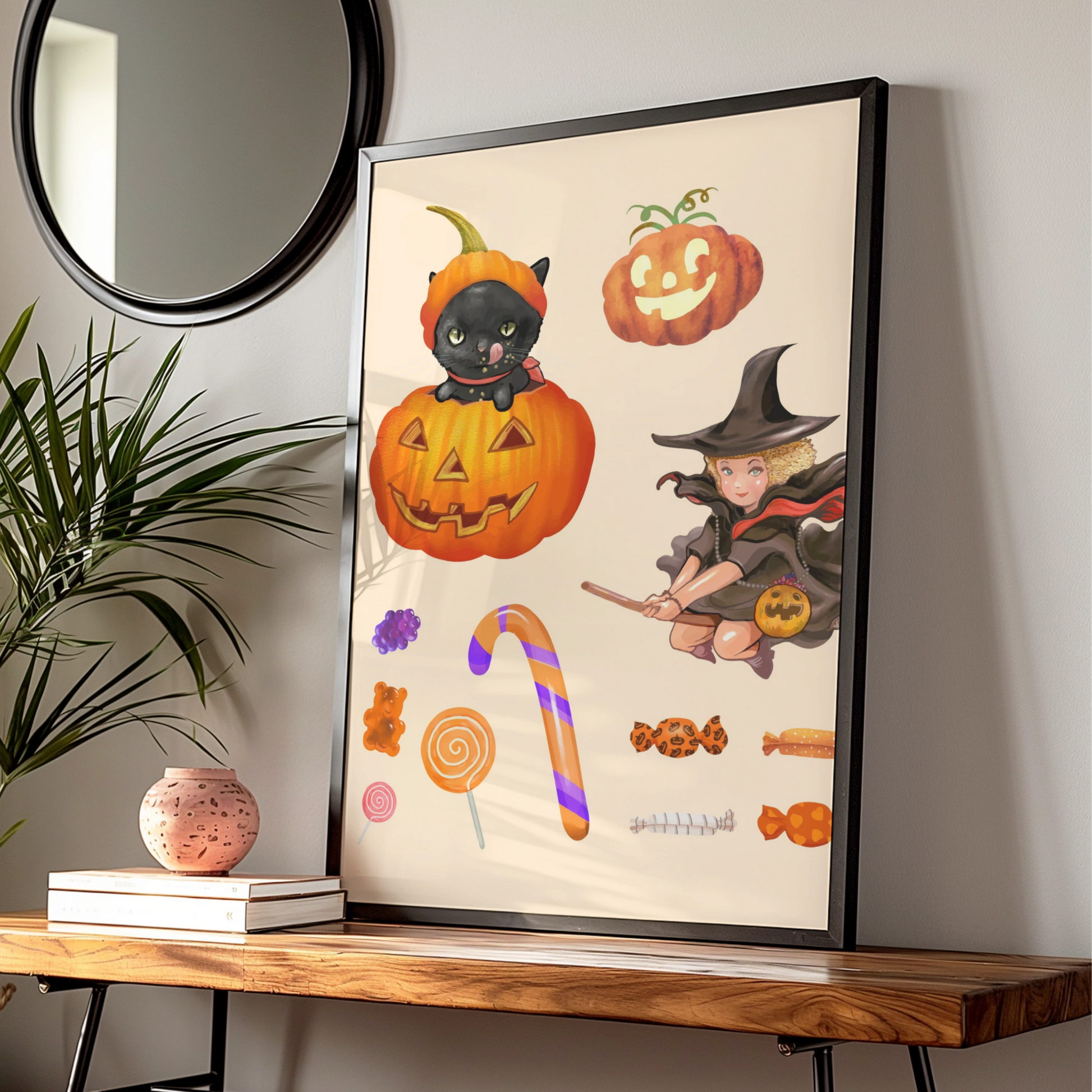 Halloween Witch Black Cat Pumpkin Poster, Trick or Treat Candy Wall Art Print