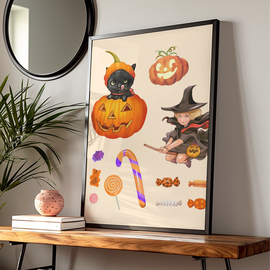 Halloween Witch Black Cat Pumpkin Poster, Trick or Treat Candy Wall Art Print