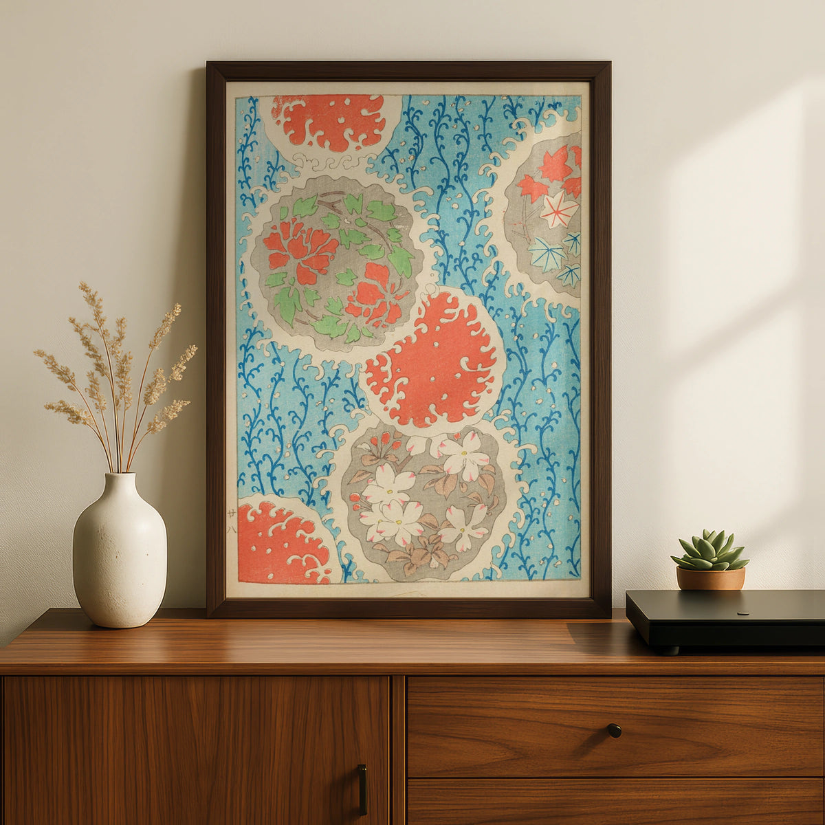 Japanese Peony Medallion Botanical Print, Vintage Woodblock Wall Art, Japandi Poster – A5 Black frame