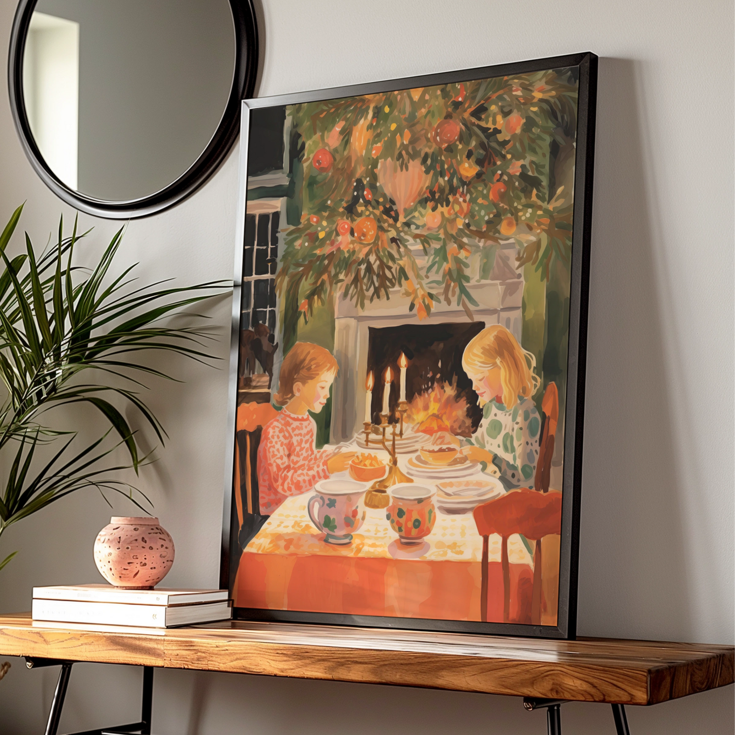 Christmas Dinner Poster, Children by Fireplace, Festive Holiday Wall Art, Cosy Vintage Scene Print