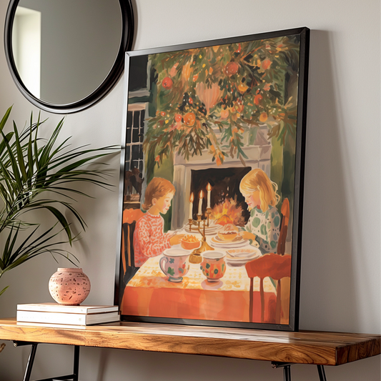 Christmas Dinner Poster, Children by Fireplace, Festive Holiday Wall Art, Cosy Vintage Scene Print