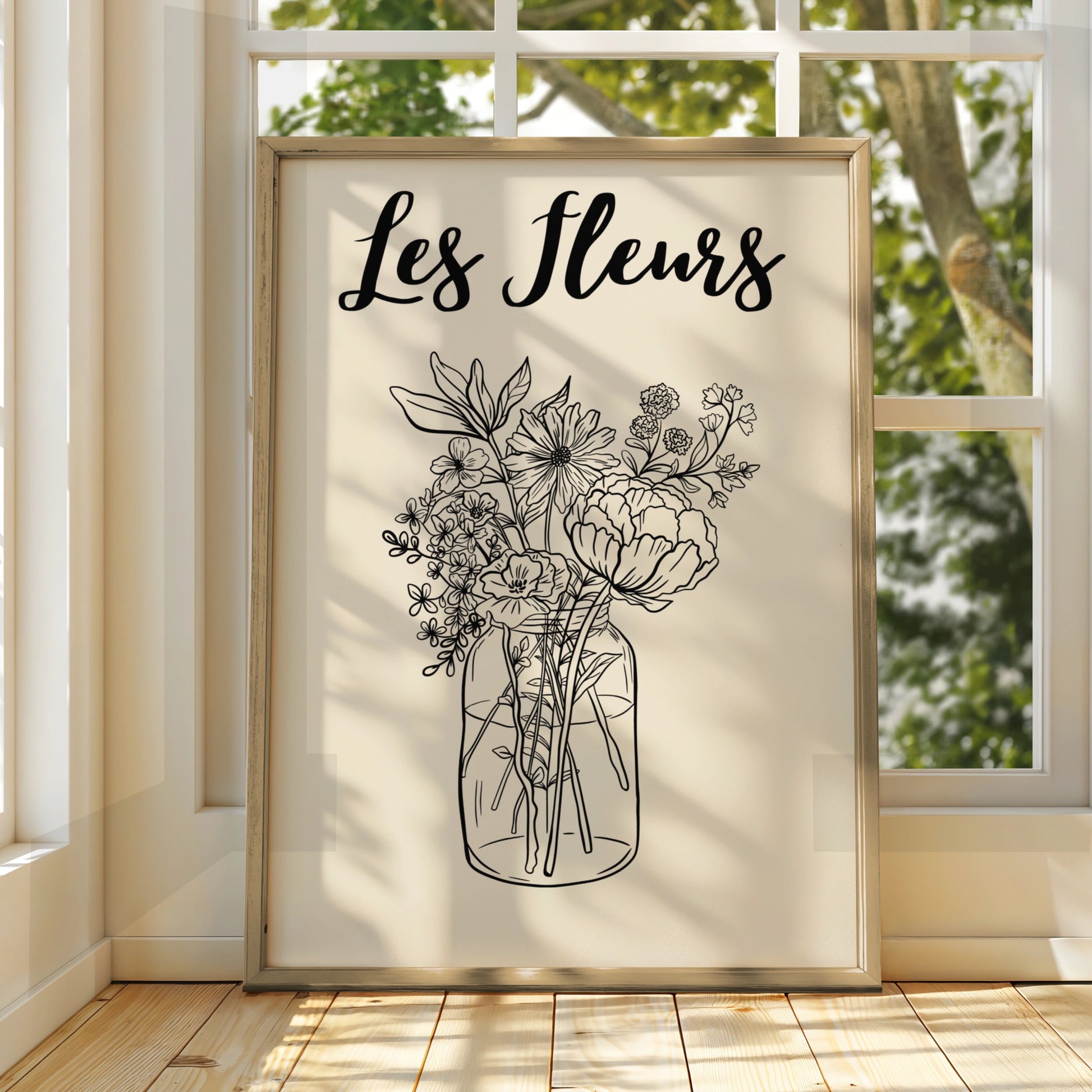 Les Fleurs Botanical Flower Poster, Wildflower Bouquet Wall Art, French Floral Print, Beige