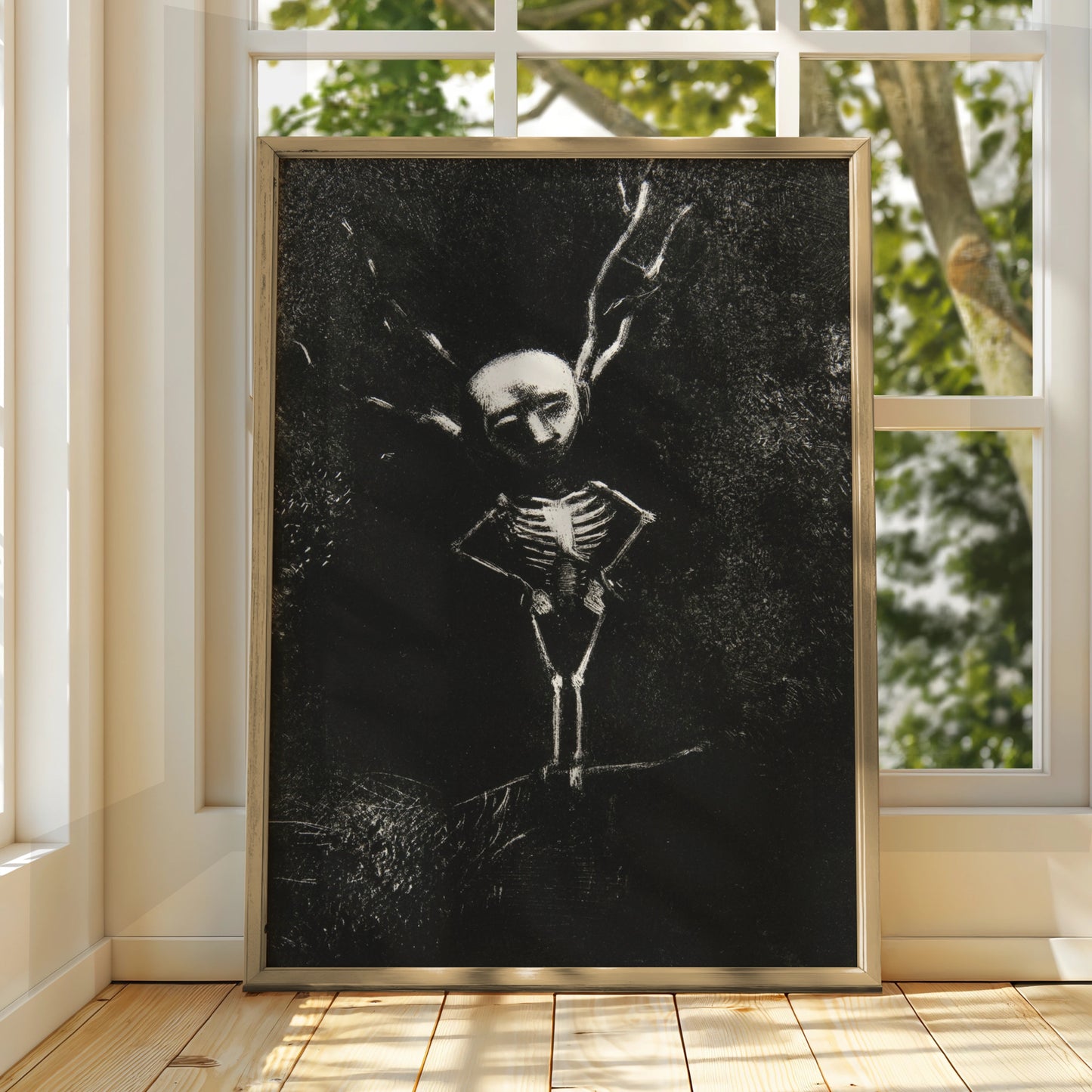 Dark Skeleton Halloween Art Print, Gothic Skull Poster, Spooky Black Wall Art, Occult Macabre Decor