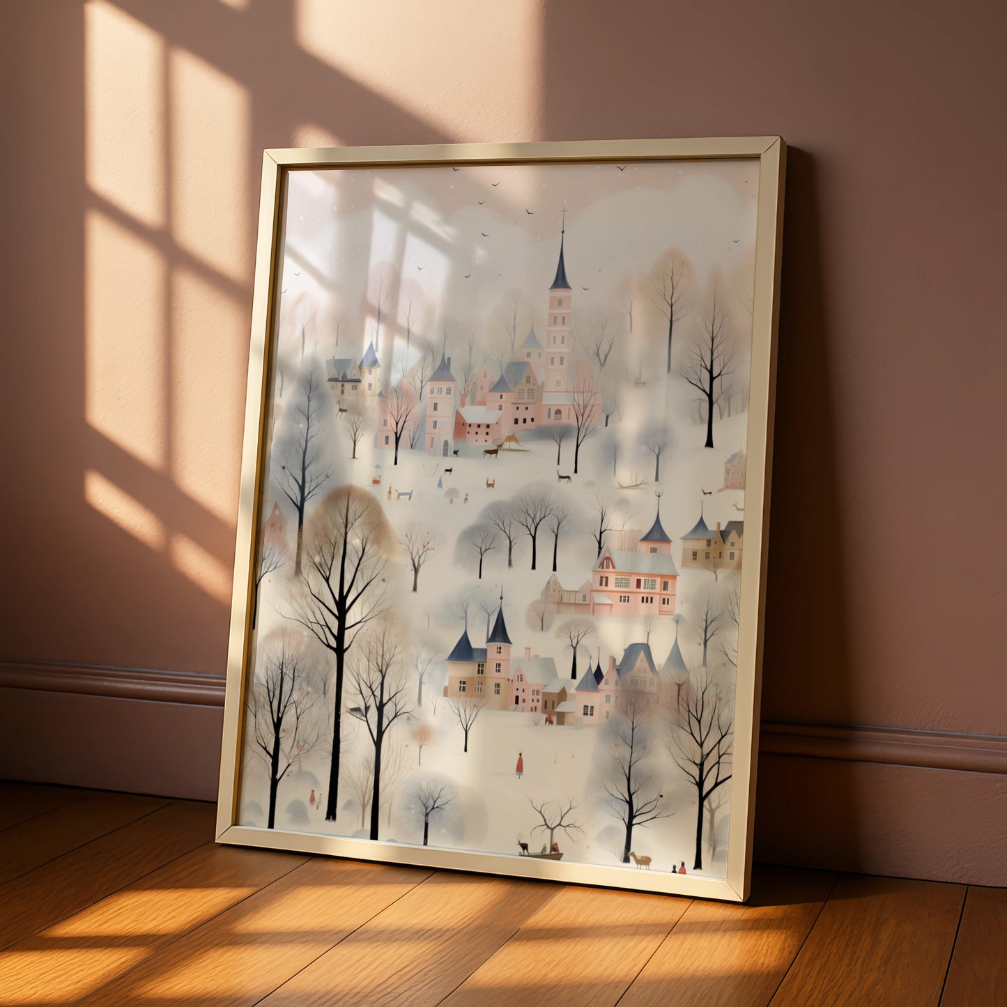 Christmas Village Poster, Snowy Winter Town Wall Art, Pastel Pink Festive Print, Whimsical Holiday