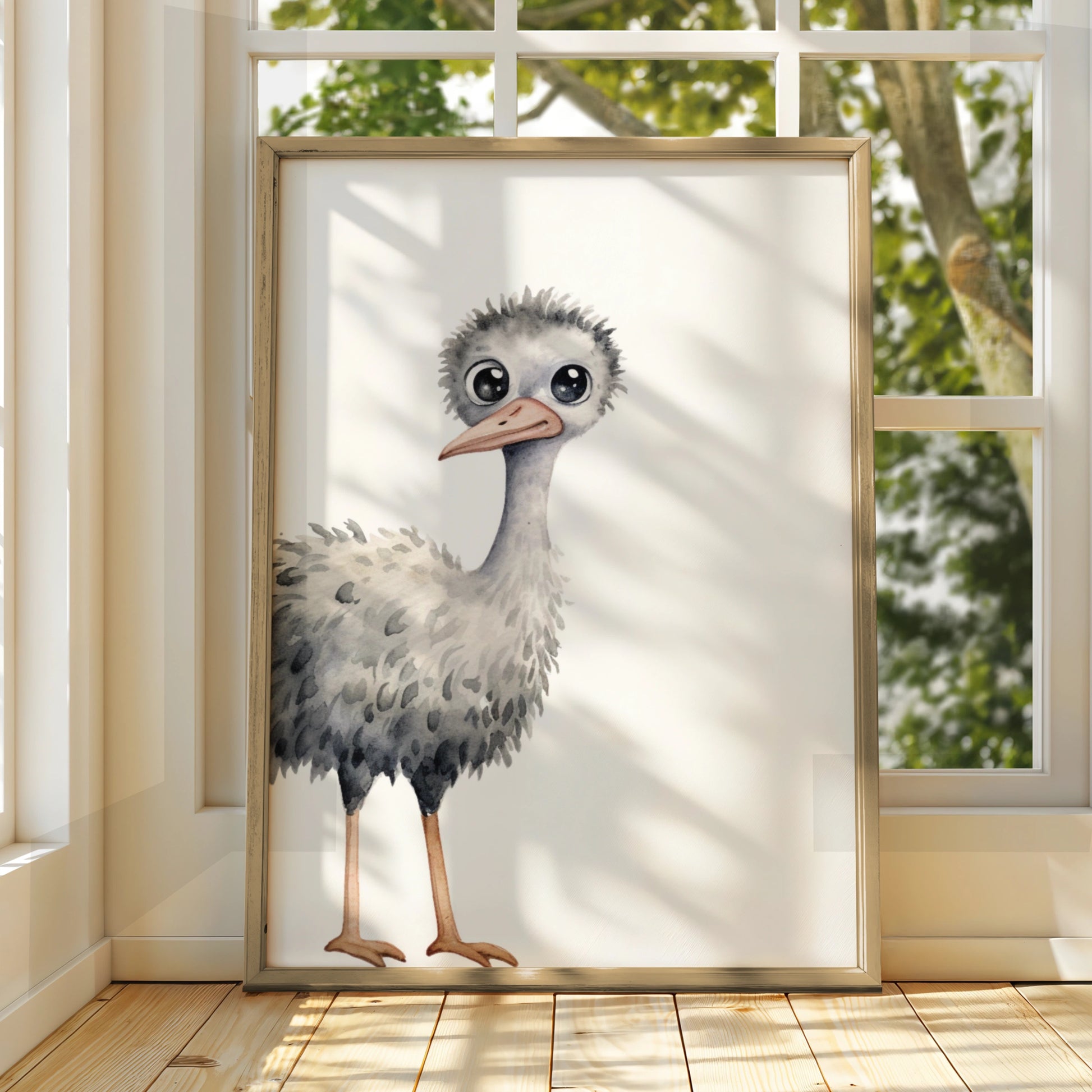 Baby Ostrich Nursery Wall Art, Cute Watercolour Bird Print, Children's Animal Poster