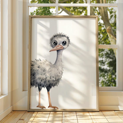 Baby Ostrich Nursery Wall Art, Cute Watercolour Bird Print, Children's Animal Poster