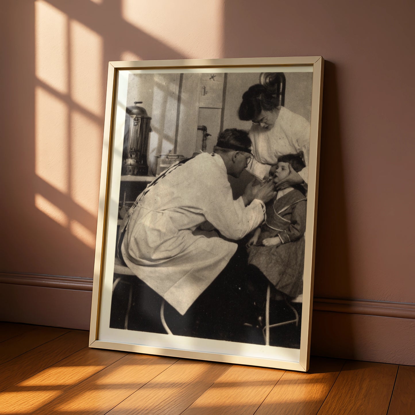 Vintage Doctor Examining Child Poster, Antique Medical Black White Photography Wall Art