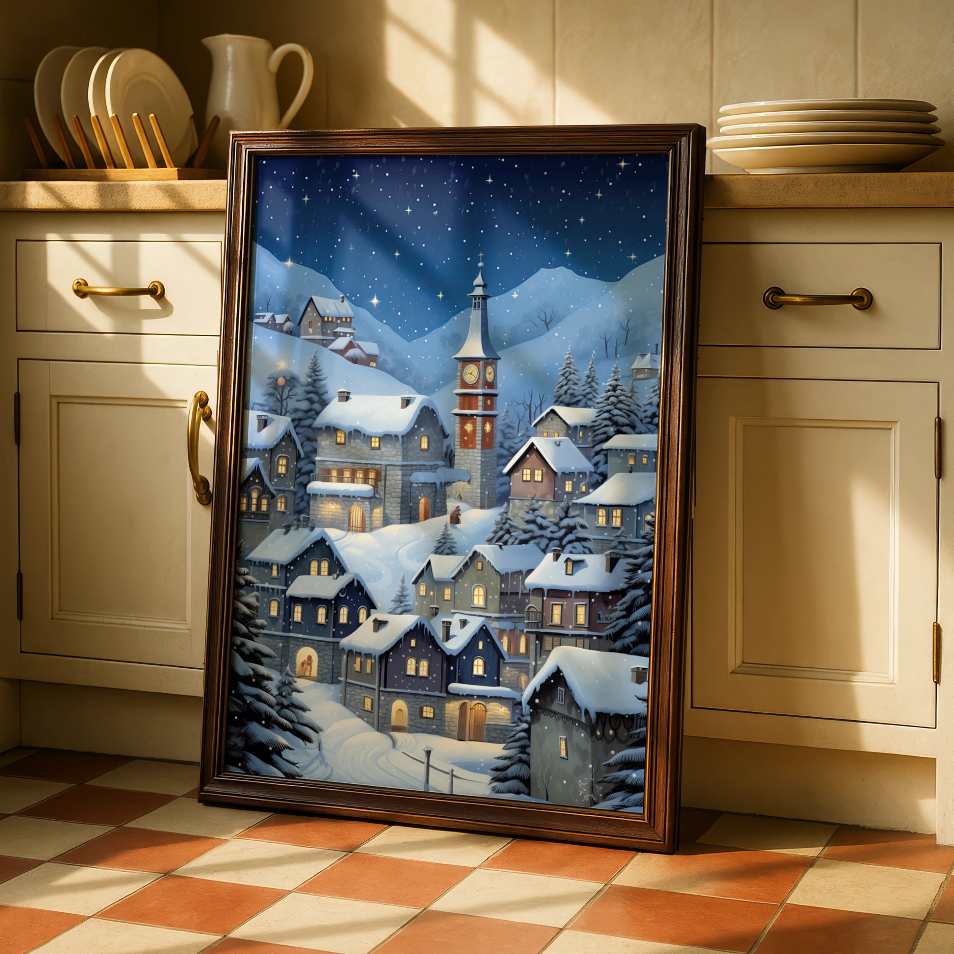 Christmas Village Poster, Snowy Winter Night Wall Art, Clock Tower Scene, Festive Holiday Print