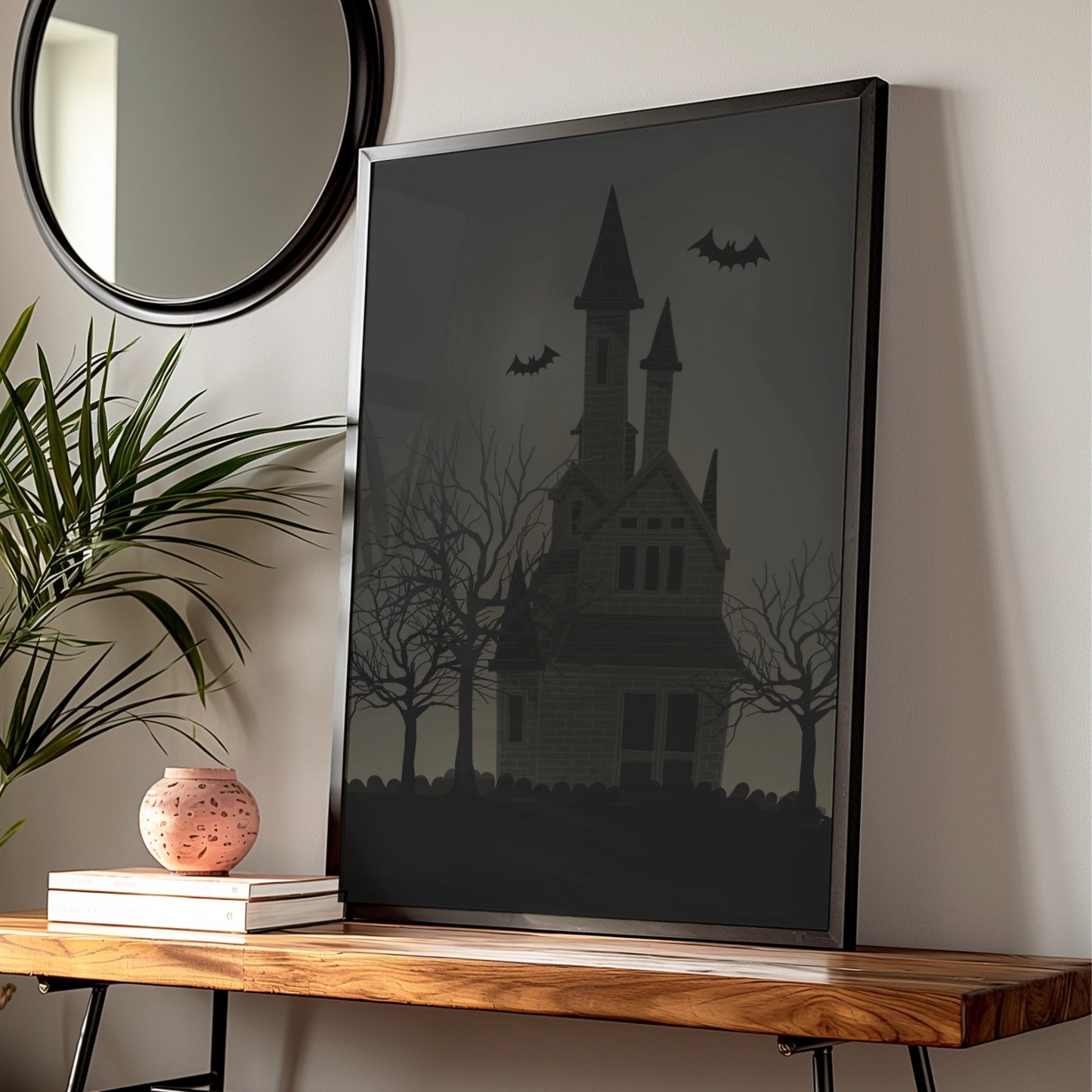 Halloween Haunted House Poster, Spooky Bat Wall Art, Dark Gothic Horror Print, Creepy Home Decor