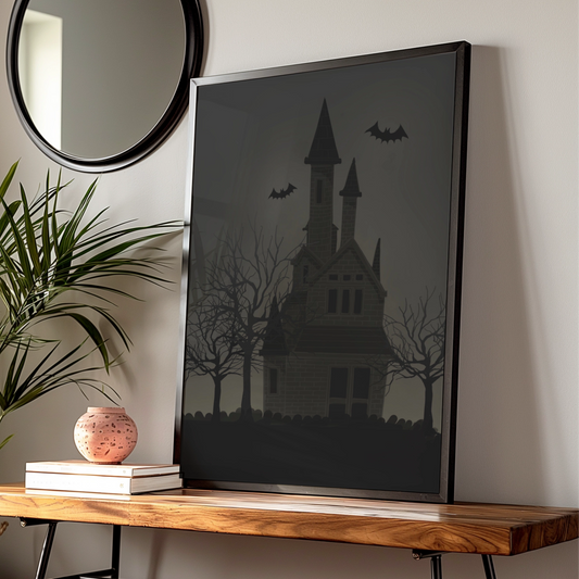 Halloween Haunted House Poster, Spooky Bat Wall Art, Dark Gothic Horror Print, Creepy Home Decor