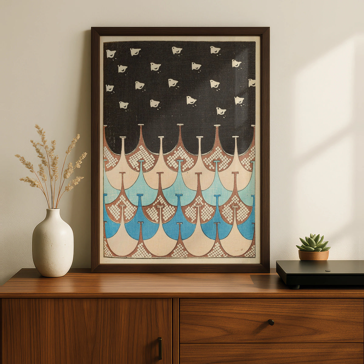 Japanese Woodblock Wall Art, Vintage Birds Print, Bijutsukai 1901, Japandi Poster – A5 Black frame