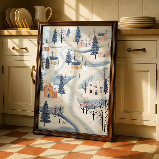 Christmas Village Poster, Snowy Winter Town Wall Art, Scandi Festive Print, Pastel Blue