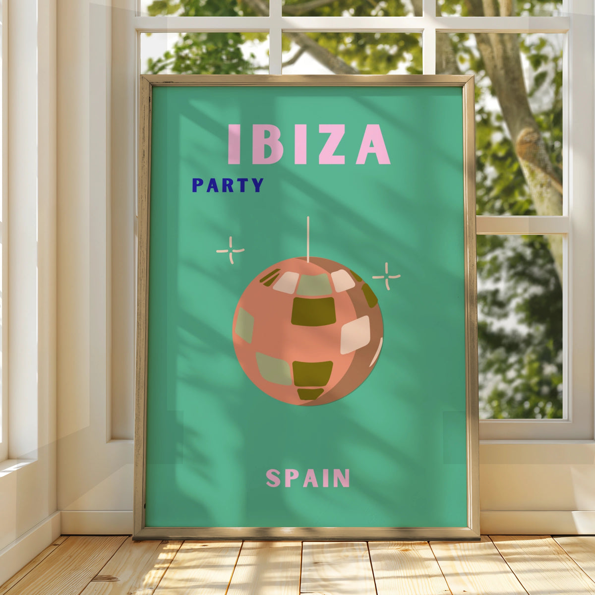Ibiza Party Travel Poster, Spain Wall Art, Retro Disco Ball Print, Colourful Holiday Poster