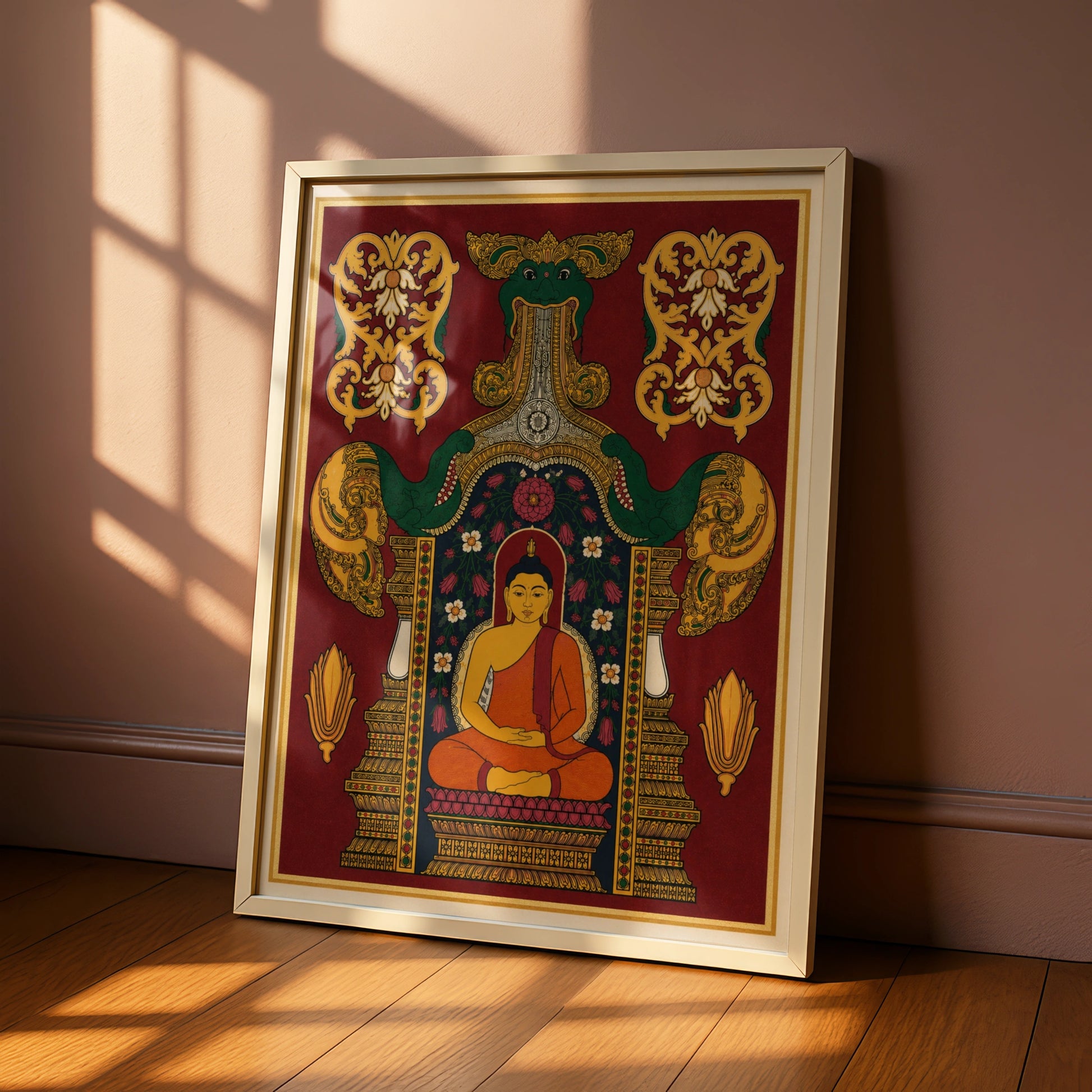 Buddha Poster, Indian Art Print, Meditation Wall Art, Naga Serpent, Floral Temple Decor