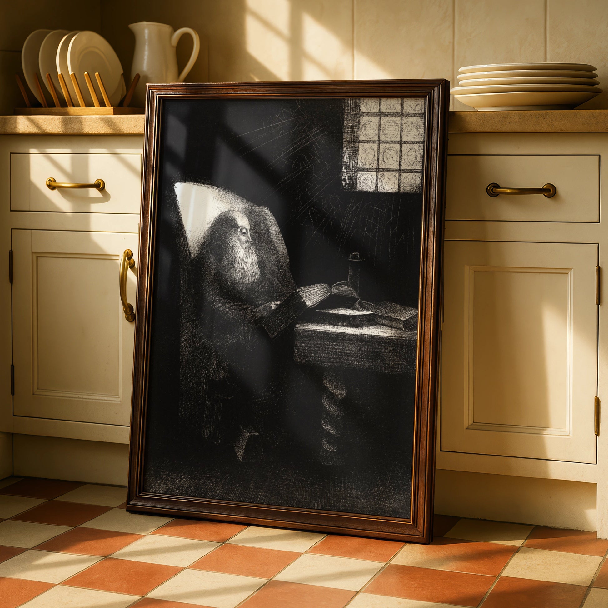 Dark Gothic Halloween Art Print, Mysterious Old Wizard Reading Spellbook Poster