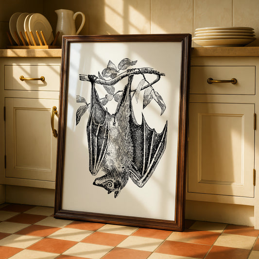 Halloween Bat Print, Vintage Engraving Wall Art, Gothic Black White Poster, Spooky Decor