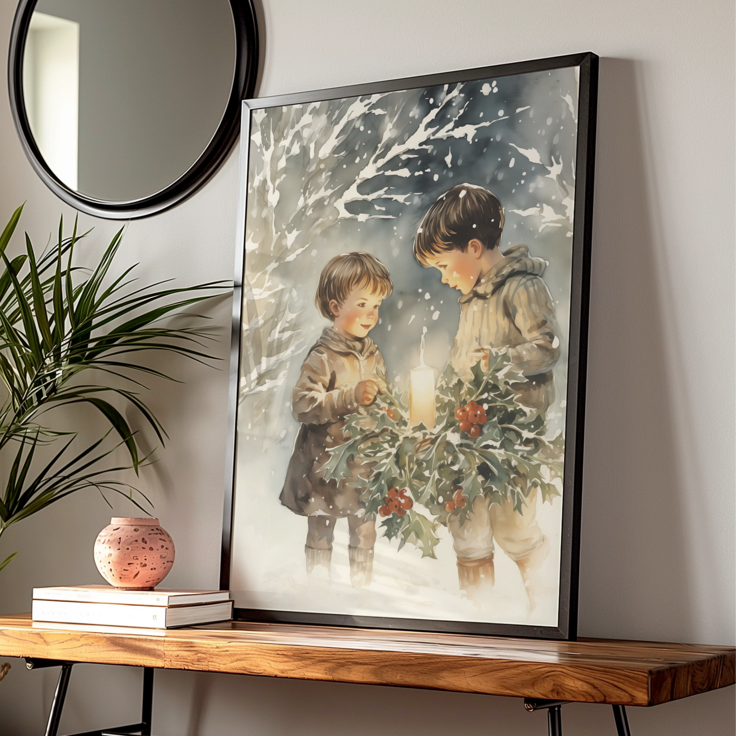 Christmas Children Holly Candle Poster, Vintage Winter Snow Watercolour Wall Art Print