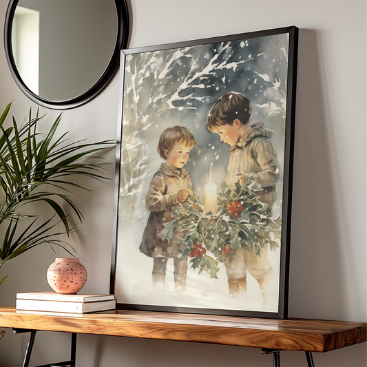 Christmas Children Holly Candle Poster, Vintage Winter Snow Watercolour Wall Art Print