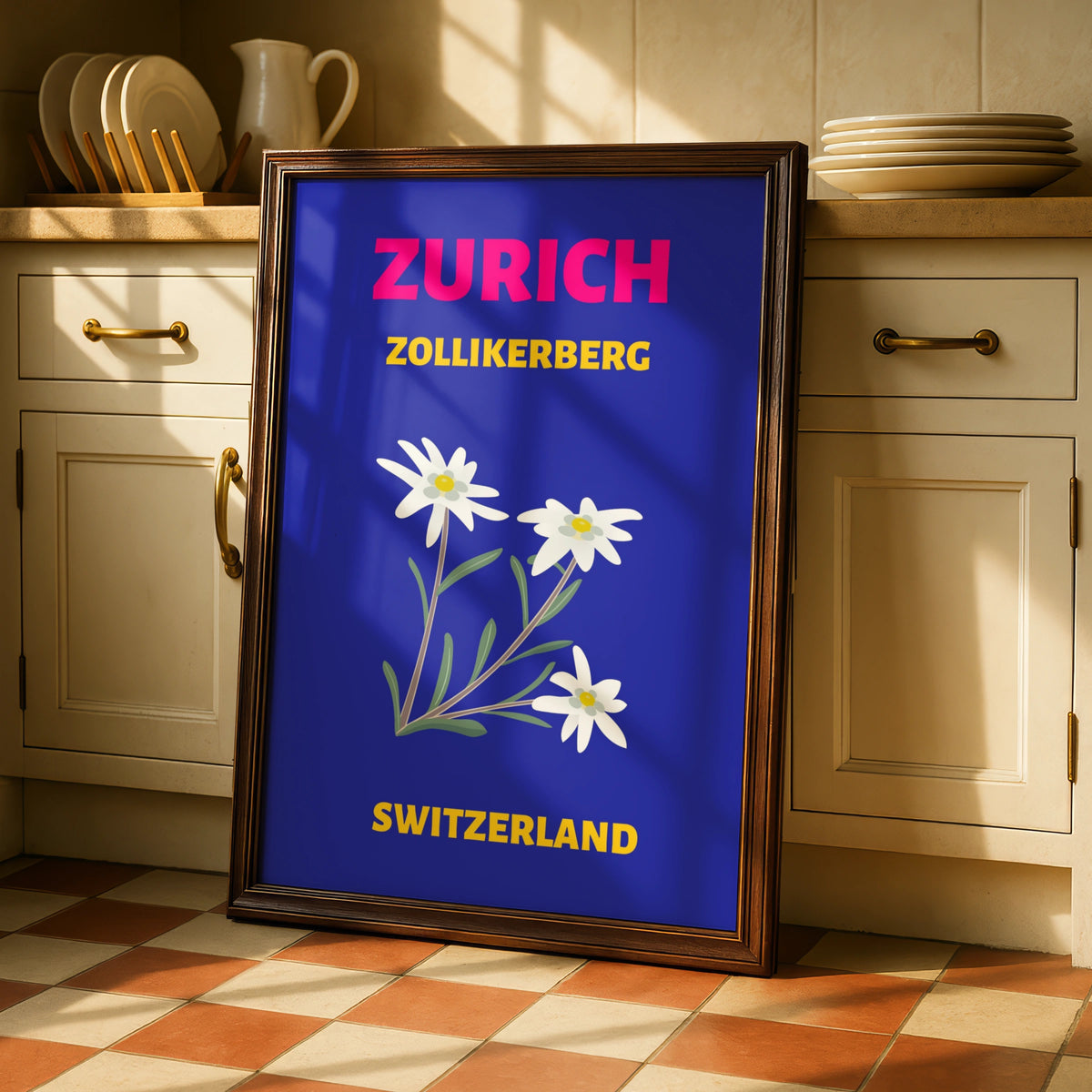 Zurich Switzerland Travel Poster, Zollikerberg Edelweiss Retro Wall Art Print