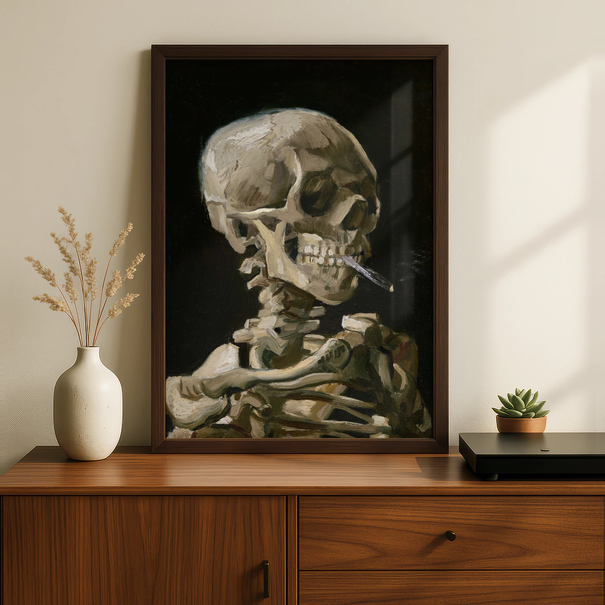 Van Gogh Skull Smoking Cigarette Halloween Art Print, Gothic Skeleton Poster