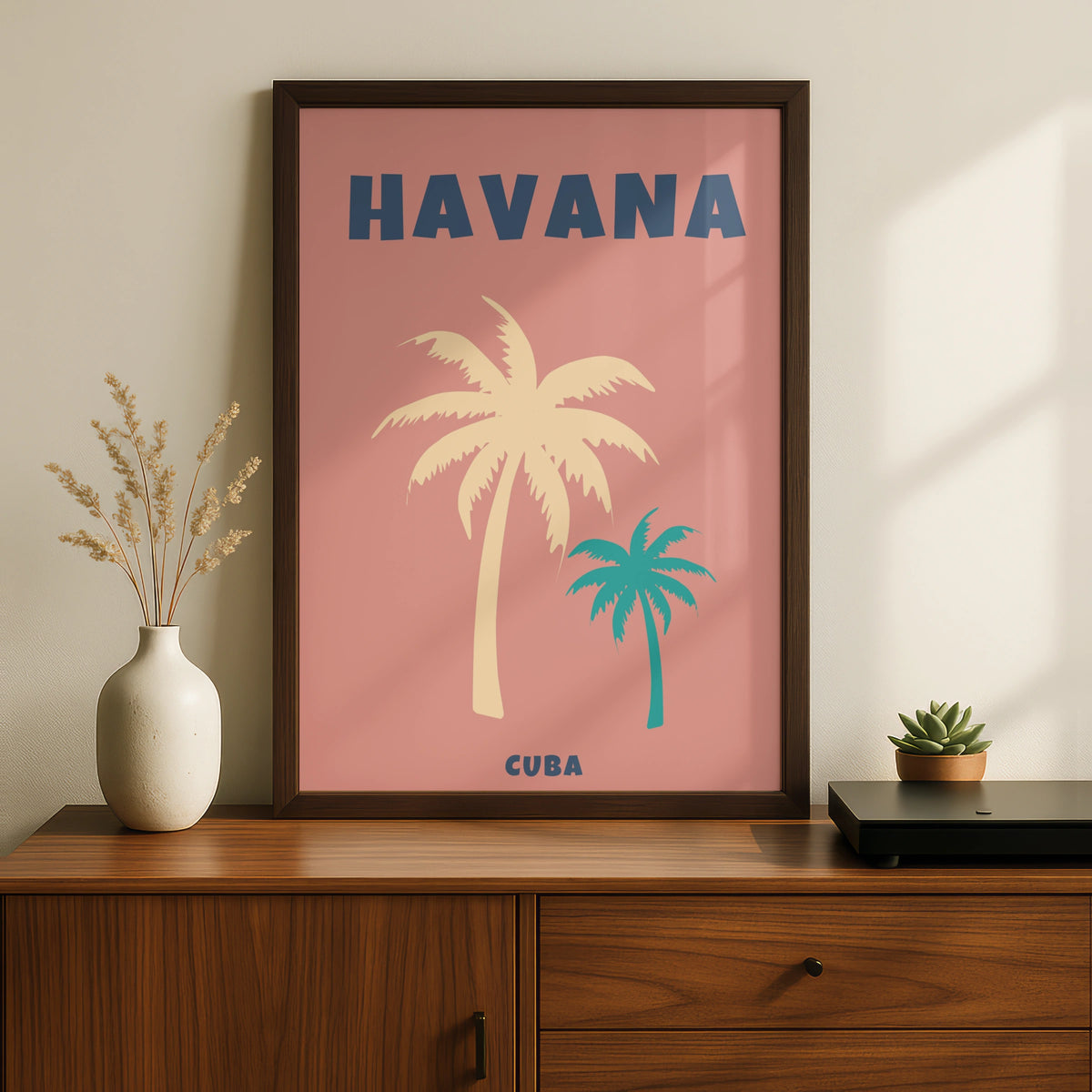 Havana Cuba Travel Poster, Retro Palm Tree Wall Art, Tropical Print, Pink Teal