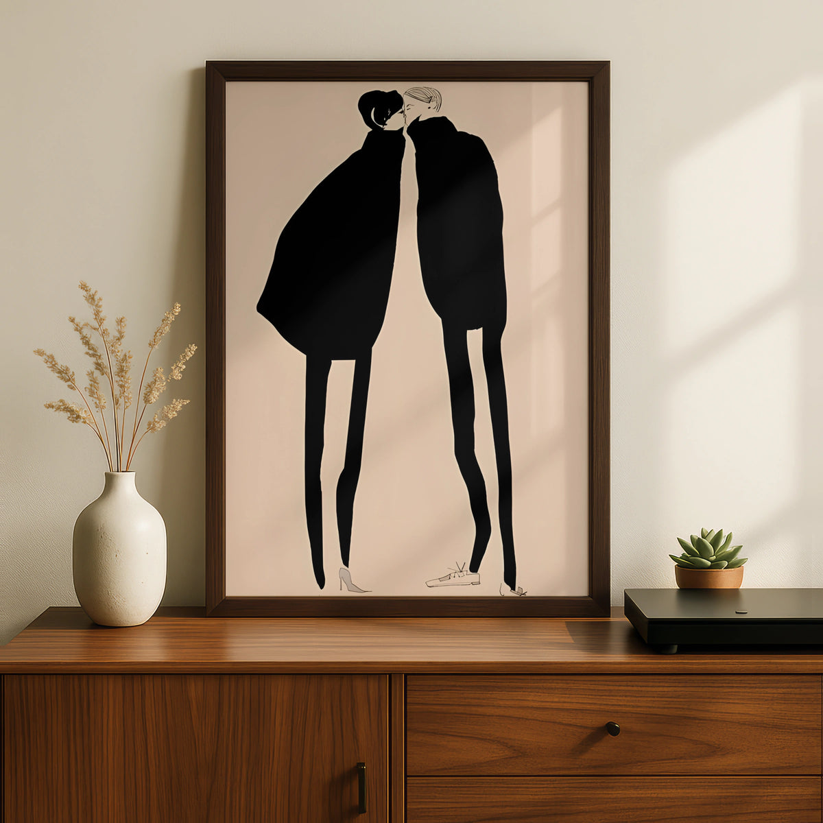 Kissing Couple Silhouette Print, Monochrome Wall Art, Minimalist Romantic Poster, Modern Neutral