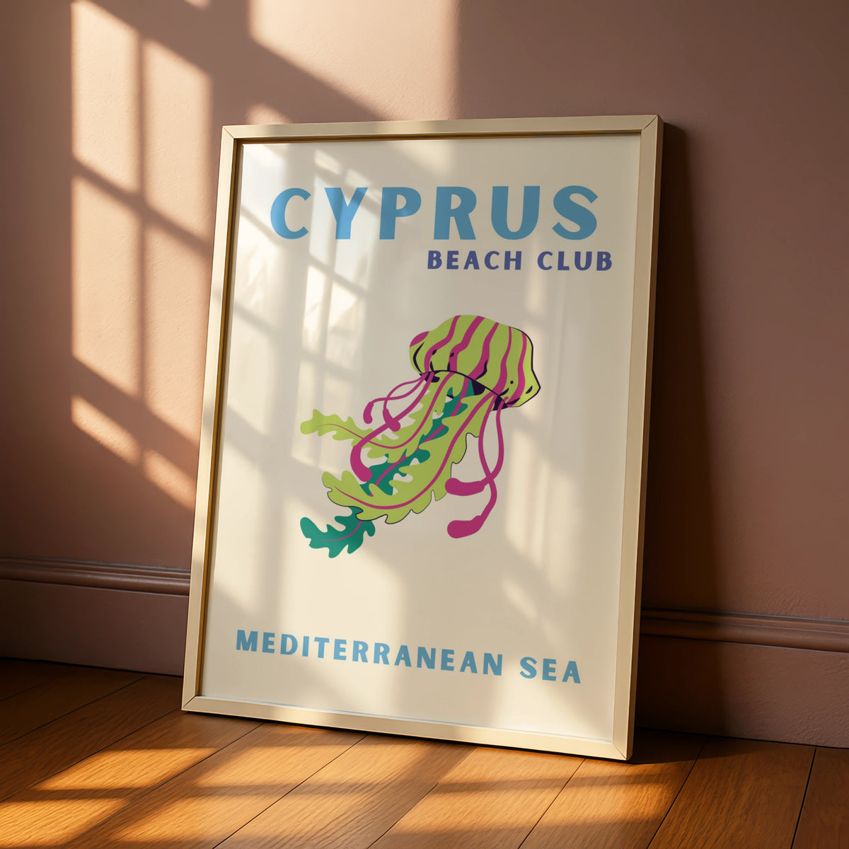 Cyprus Travel Poster, Mediterranean Sea Beach Wall Art, Retro Jellyfish Print
