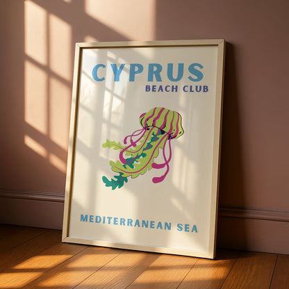 Cyprus Travel Poster, Mediterranean Sea Beach Wall Art, Retro Jellyfish Print