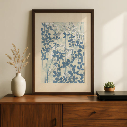 Japanese Botanical Print, Vintage Woodblock Wall Art, Blue Floral Japandi Poster, Minimalist Leaf – A5 Black frame