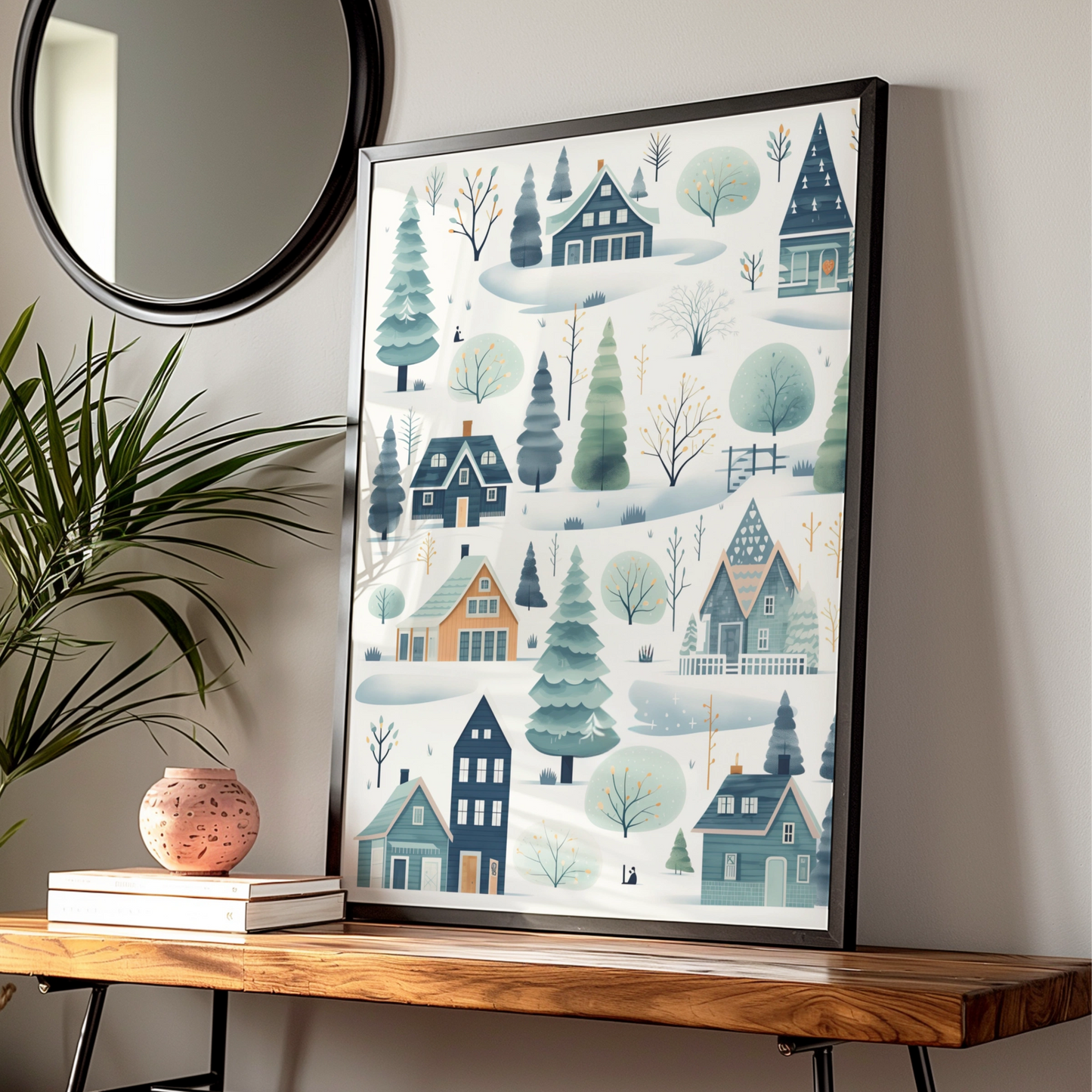 Christmas Winter Village Poster, Scandi Snow Scene, Festive Wall Art, Teal Blue Nordic Print