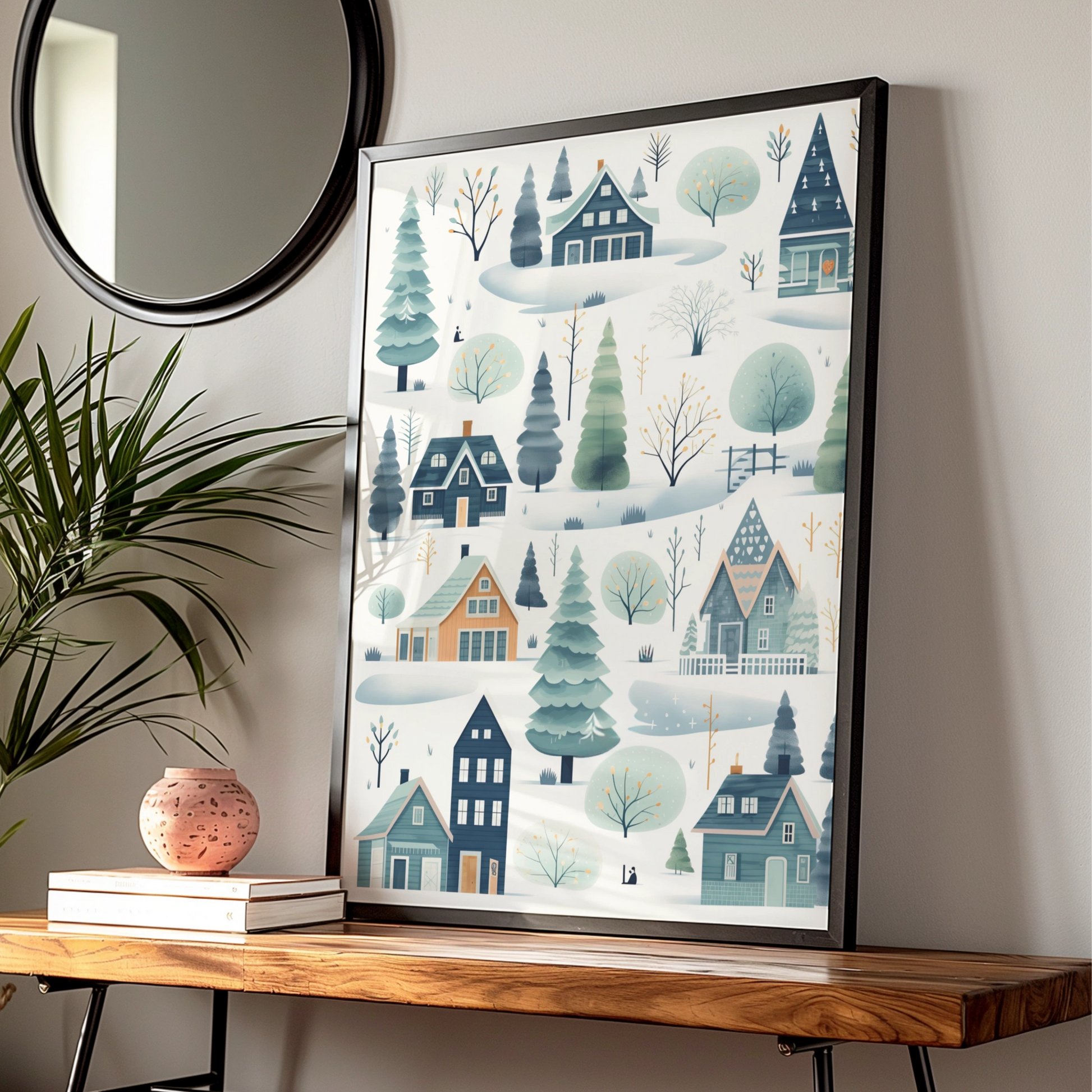 Christmas Winter Village Poster, Scandi Snow Scene, Festive Wall Art, Teal Blue Nordic Print
