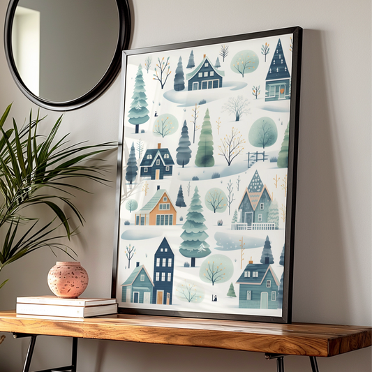 Christmas Winter Village Poster, Scandi Snow Scene, Festive Wall Art, Teal Blue Nordic Print