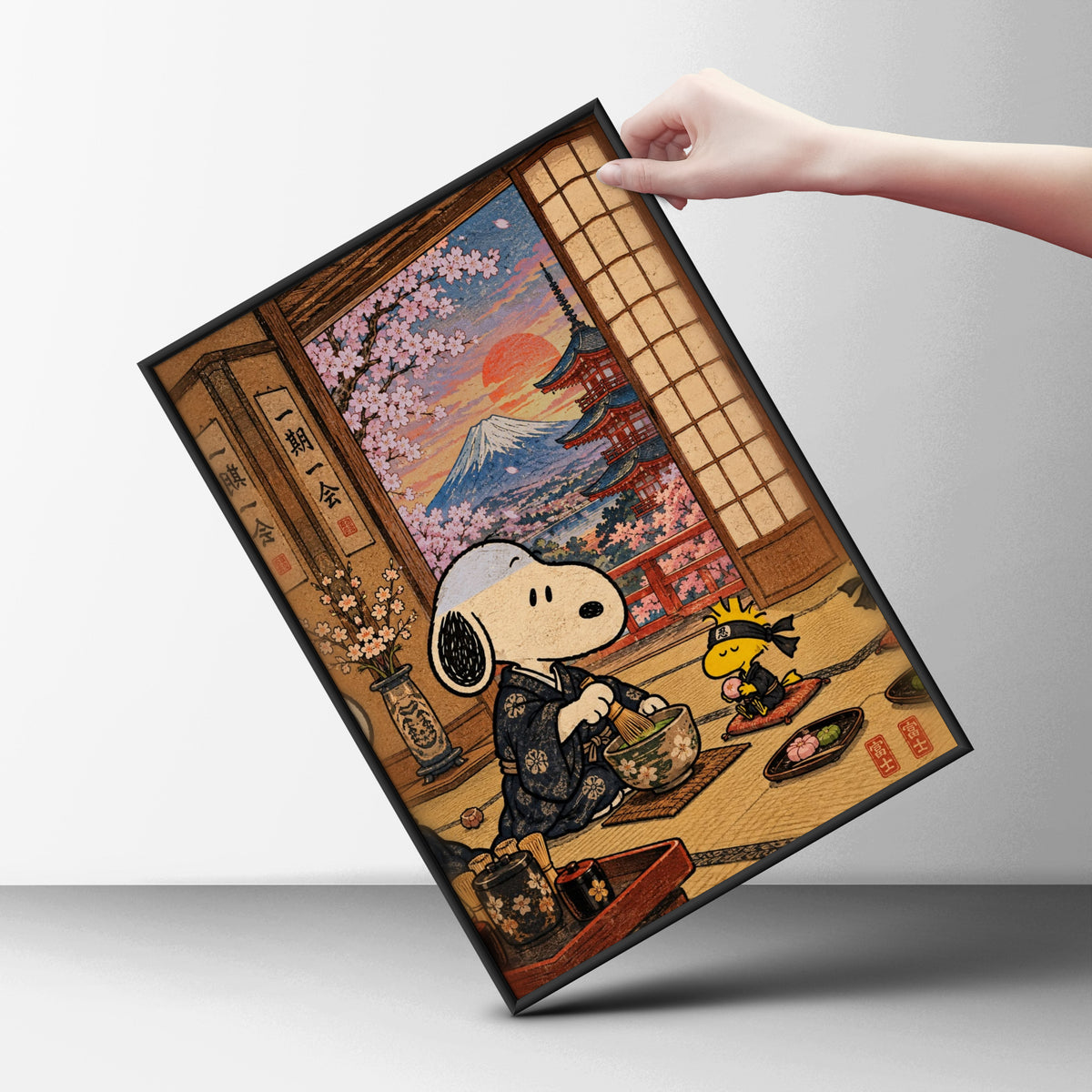 Japanese Tea Ceremony Poster, Cute Beagle Matcha Wall Art, Mount Fuji Cherry Blossom Print