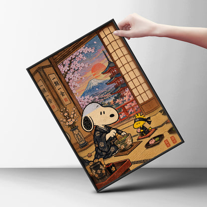 Japanese Tea Ceremony Poster, Cute Beagle Matcha Wall Art, Mount Fuji Cherry Blossom Print