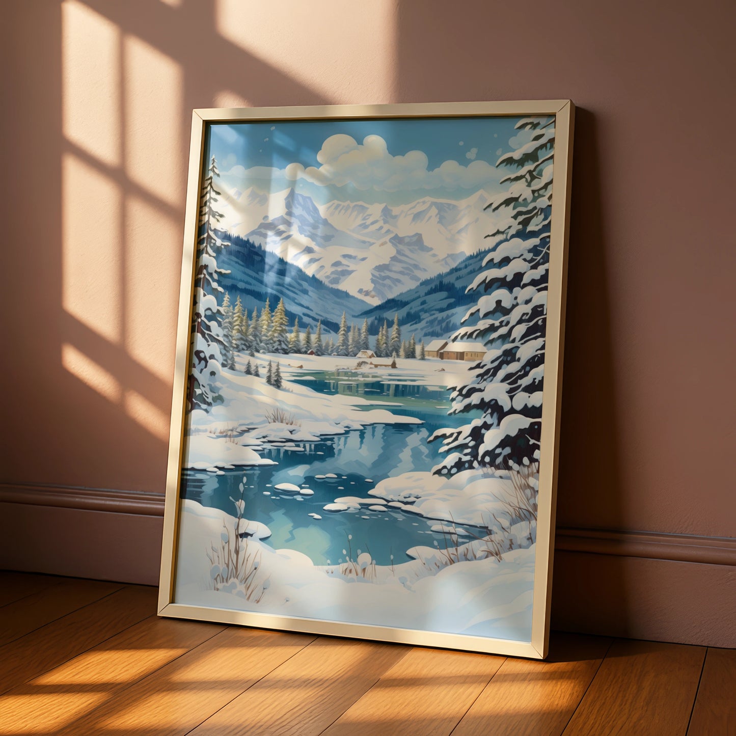 Christmas Winter Landscape Poster, Snowy Mountain Scene, Blue Festive Wall Art Print