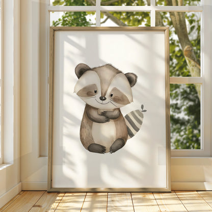 Raccoon Nursery Wall Art, Woodland Animal Poster, Baby Room Decor, Kids Print