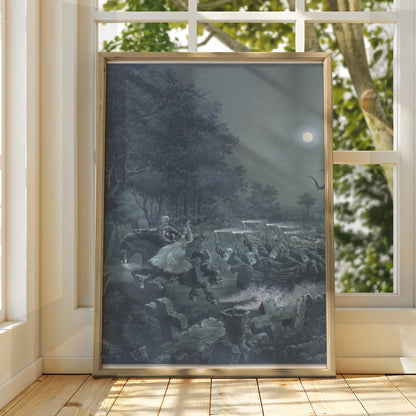 Halloween Skeleton Graveyard Poster, Gothic Horror Wall Art, Moonlit Bats Spooky Print
