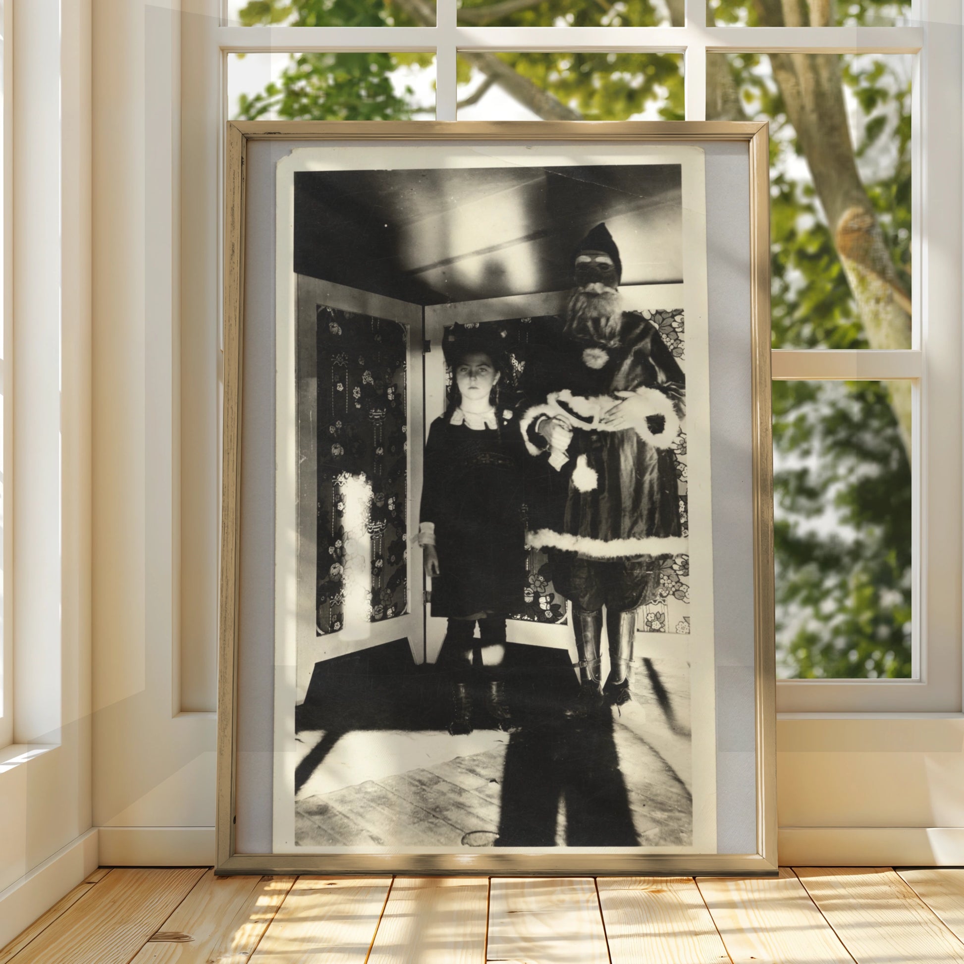 Creepy Halloween Vintage Photo Poster, Spooky Masked Figure Black White Wall Art