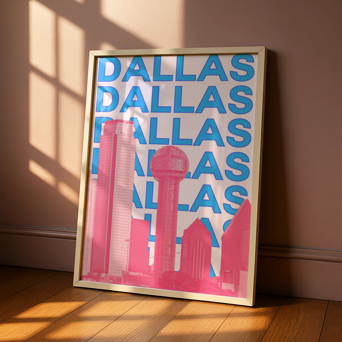 Dallas Travel Poster, Texas City Wall Art, Retro Skyline Print, Pink Blue Modern Decor