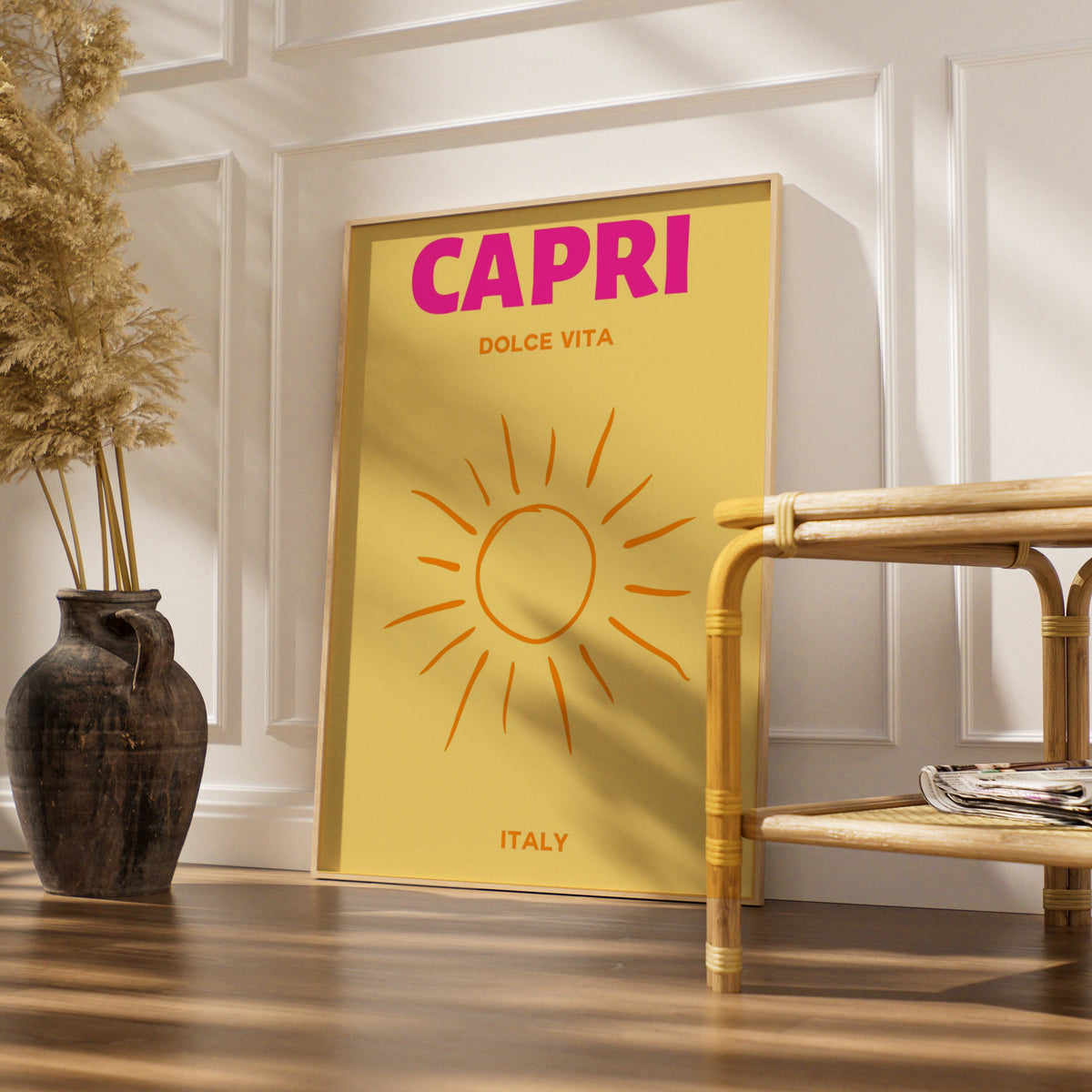 Capri Italy Travel Poster, Dolce Vita Wall Art, Retro Sun Print, Italian Holiday Decor